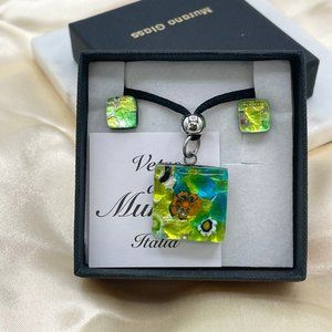Italian Murano Glass Pendant Necklace & Earrings Set In Sterling Silver